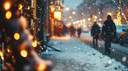 A person is seen walking down a sidewalk covered in snow. This image can be used to depict winter scenes or snowy landscapes