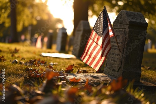 American flag laid on top of a grave, a symbol of honor and remembrance. Suitable for patriotic themes and Memorial Day tributes photo