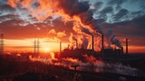 A factory emitting smoke against a vibrant sunset. Ideal for illustrating industrial processes and environmental impact