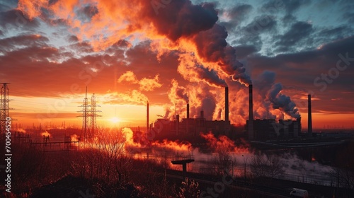 A factory emitting smoke against a vibrant sunset. Ideal for illustrating industrial processes and environmental impact