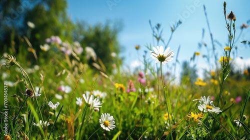 A beautiful field of wildflowers with a vibrant blue sky in the background. Perfect for nature enthusiasts and those looking for a serene and colorful scene