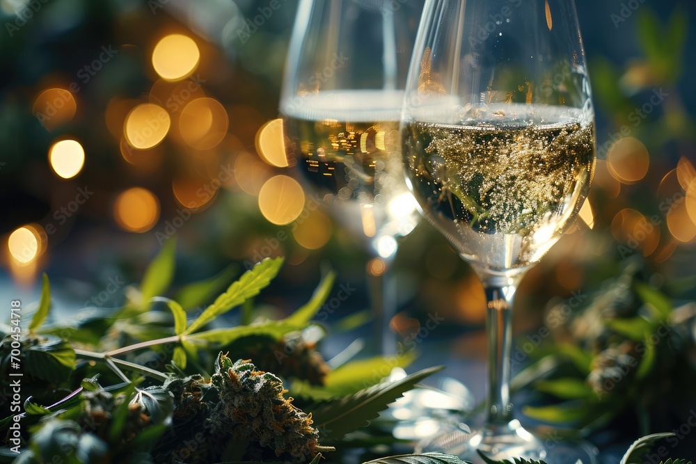 Champagne glasses full of cannabis, Cheers on new year's eve. Generative AI. - obrazy, fototapety, plakaty 