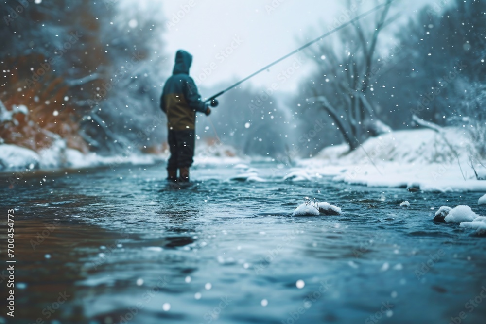 A man fishing in a stream surrounded by snow. Ideal for winter outdoor activities