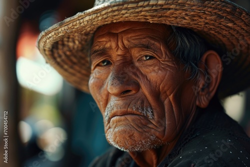An image of an old man wearing a straw hat. Can be used to depict a rural or agricultural setting
