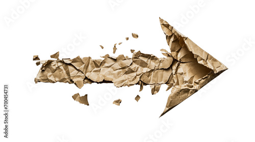 right directional arrow made of torn paper pieces, on transparent background