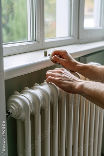 A person is adjusting a radiator on a window sill. This image can be used to illustrate home maintenance or heating and cooling concepts