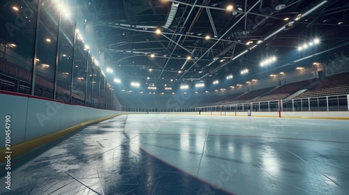 An empty hockey rink with lights shining on the ice. Perfect for sports-related projects or showcasing the atmosphere of a game