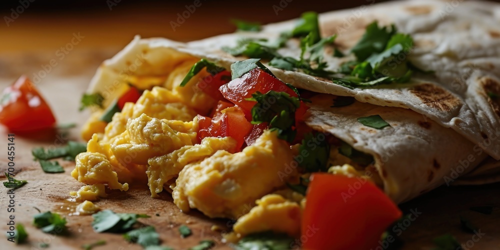 A delicious burrito with eggs and tomatoes on a cutting board. Perfect for breakfast or brunch - obrazy, fototapety, plakaty 
