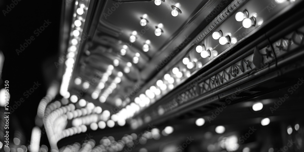 A black and white photo of a theater marquee. Perfect for capturing the nostalgic charm of old theaters.