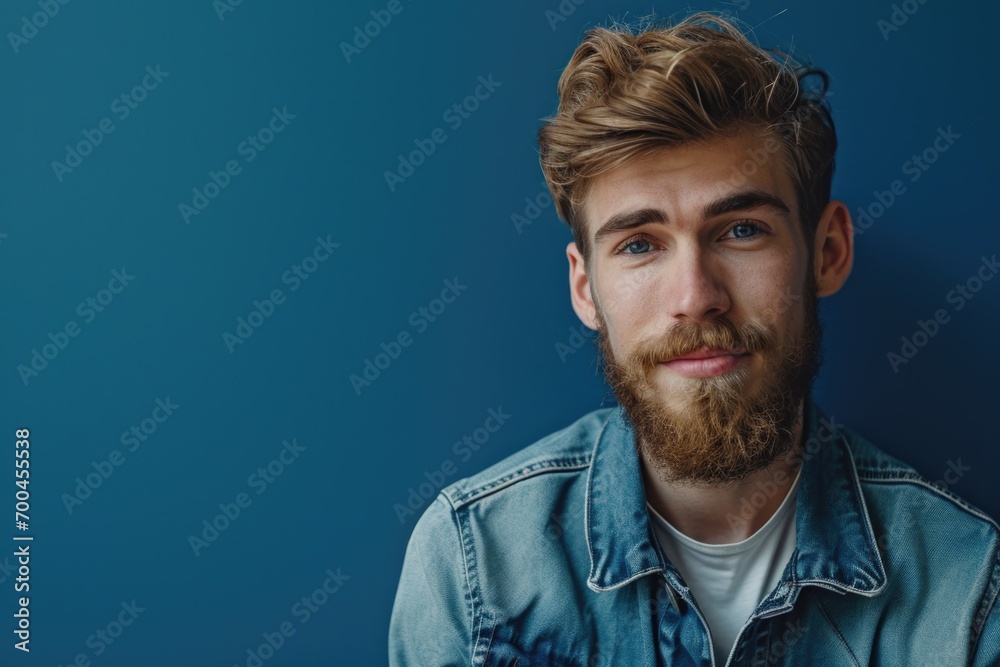 A man with a beard wearing a denim jacket. Perfect for fashion and lifestyle projects A man with a beard wearing a denim jacket. Perfect for fashion and lifestyle projects