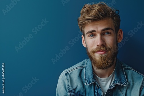 A man with a beard wearing a denim jacket. Perfect for fashion and lifestyle projects