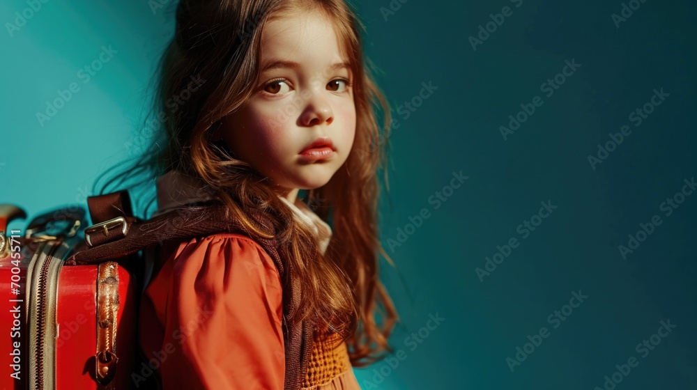 Naklejka premium A little girl is pictured with a red suitcase against a blue background. This image can be used to depict travel, childhood, adventure, or vacation themes