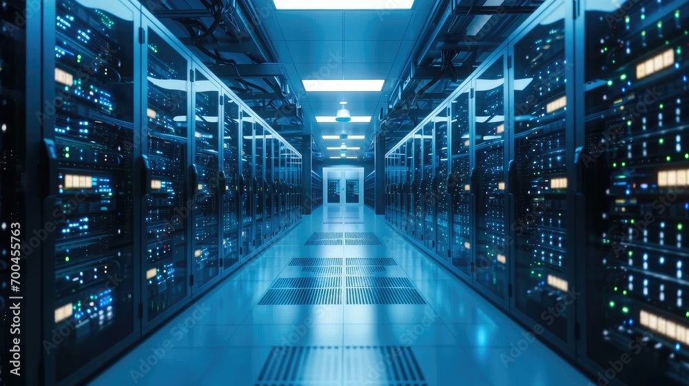 Rows of high-tech computers with blinking lights in server room. Generative AI. Rows of high-tech computers with blinking lights in server room. Generative AI.