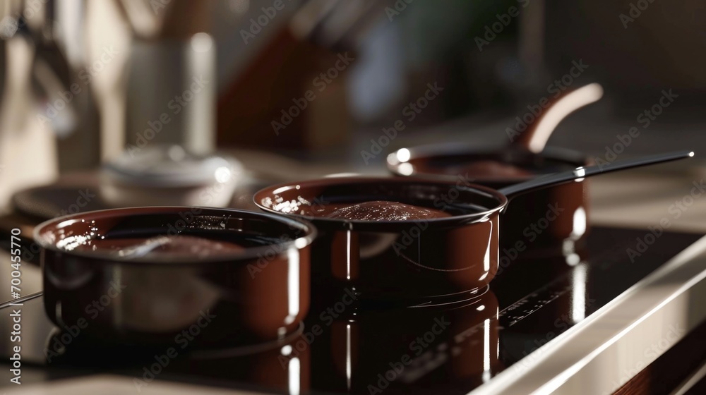 Three pots on a stove, ready for cooking. Suitable for food preparation and kitchen-related themes Three pots on a stove, ready for cooking. Suitable for food preparation and kitchen-related themes