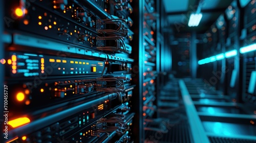 A picture of a server room with a row of servers. This image can be used to depict technology, data storage, network infrastructure, or the concept of cloud computing photo