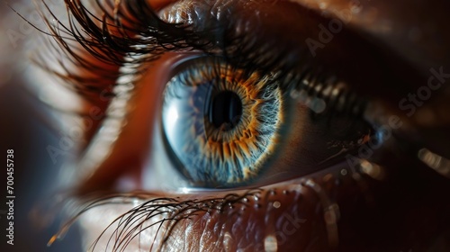 A close-up view of a person's blue eye. This image can be used to depict concepts related to beauty, health, vision, or emotions.