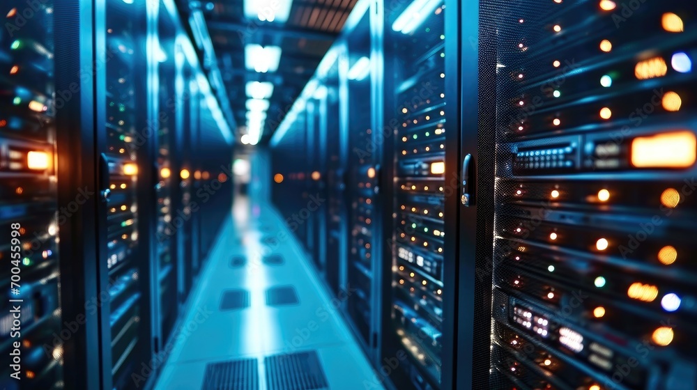 Modern Rack LED console in server room data center. Generative AI. Modern Rack LED console in server room data center. Generative AI.