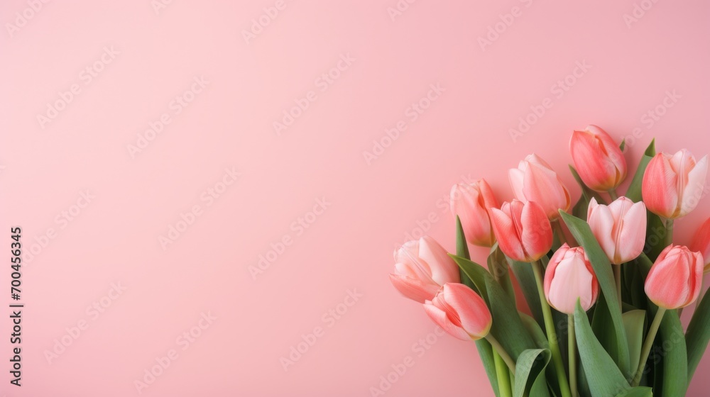 Tulips on a pink background and copy space