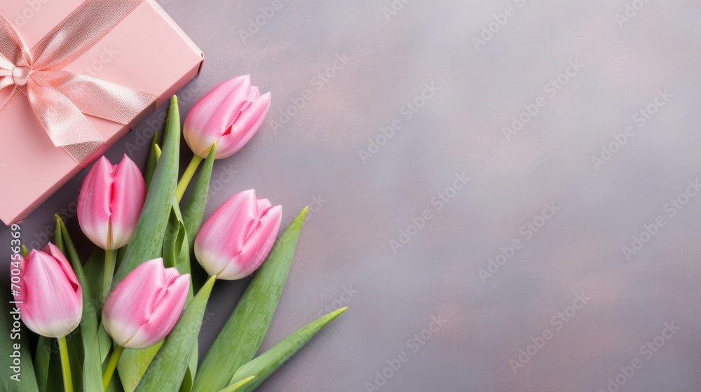 Tulips and a gift box on a gray background and a copy space