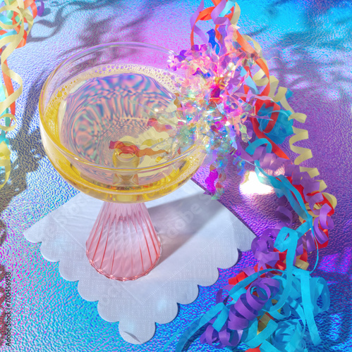 A Top Lay View an Art Deco Glass of Champagne with Party Streamers and Confetti on a Purple and Blue Pastel Gradient Background