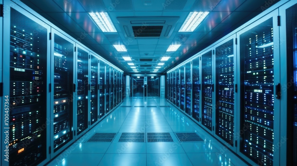 Server racks in computer network security server room data center, Network operating center server room. Generative AI.