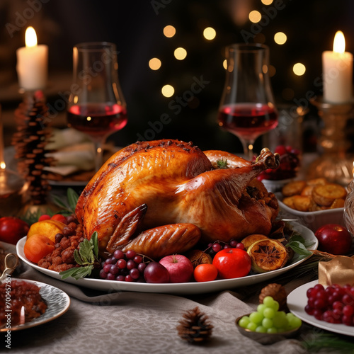 Festive Feast: A Delectable Christmas Turkey Dinner with Savory Stuffing, Rich Gravy, and a Medley of Roasted Vegetables, Accompanied by Sweet Cranberry Sauce