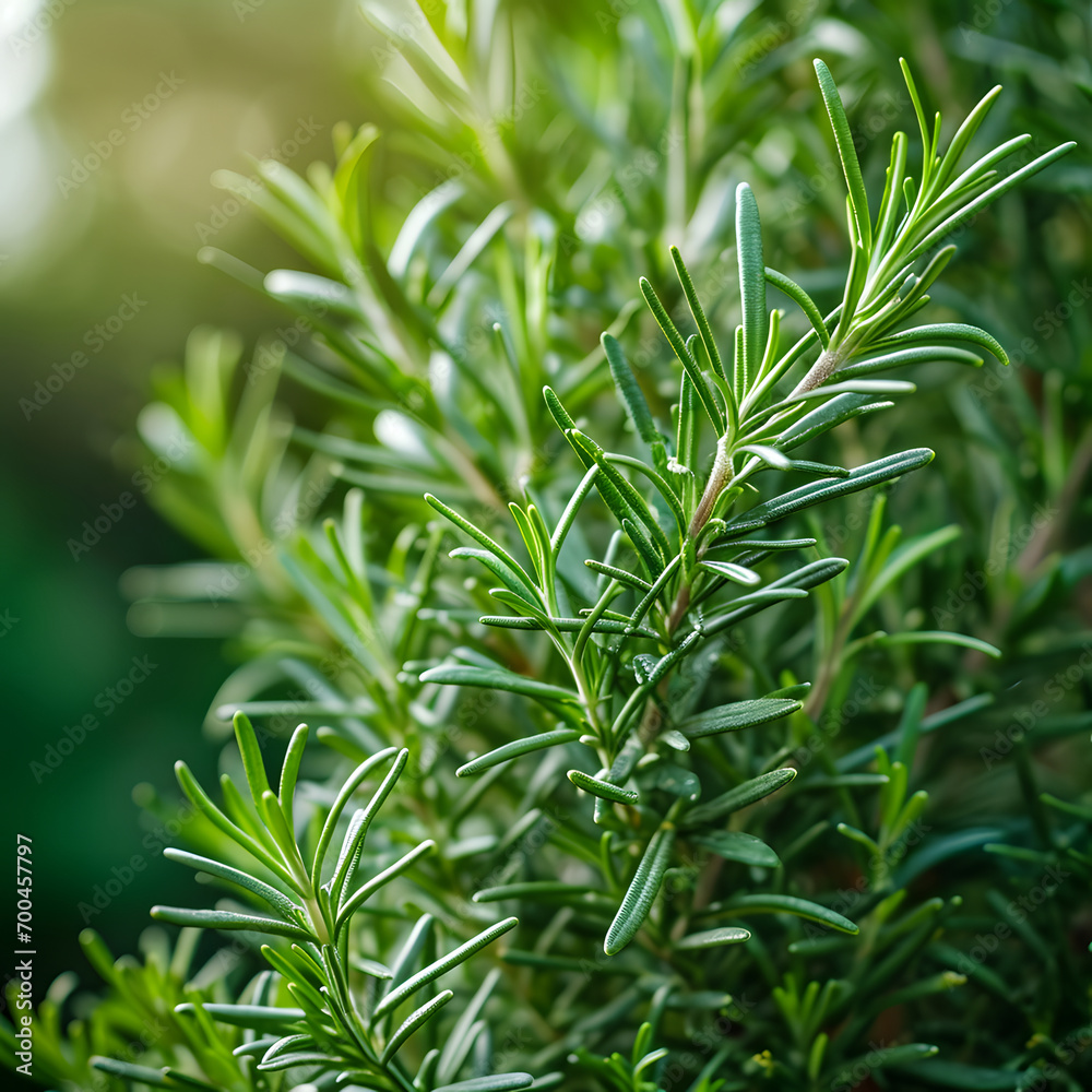 Fototapeta premium Fresh Rosemary Herb grow outdoor. Rosemary leaves Close-up.