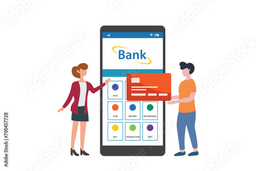 Vector illustration of man and woman doing bank transactions with credit cards and smartphones