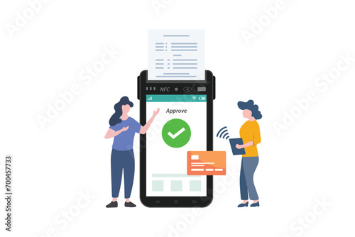Woman making contactless payment with credit card, approved NFC machine payment. Vector illustration