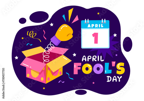 Happy April Fools Day Celebration Illustration Wearing a Jester Hat and a Box Containing Surprises to Surprise People in Flat Cartoon Holiday