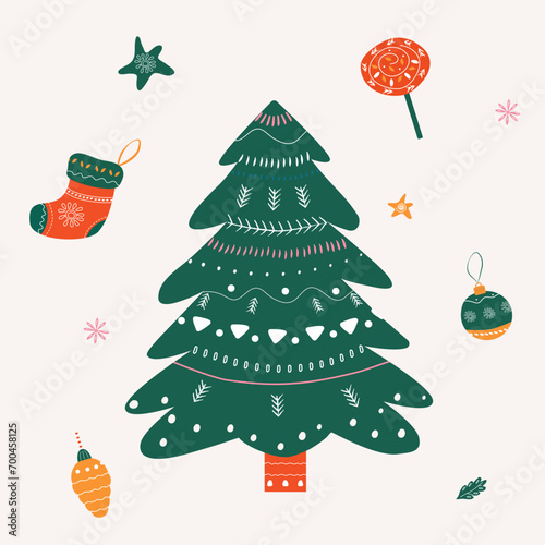 Set of christmas elements. Holidays clipart for chtistmas card, sticer and print