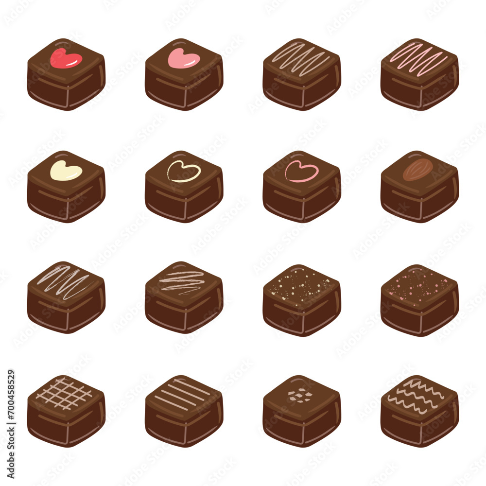 Collection of vector chocolate elements on white background. Valentine's Day chocolate decorative elements.