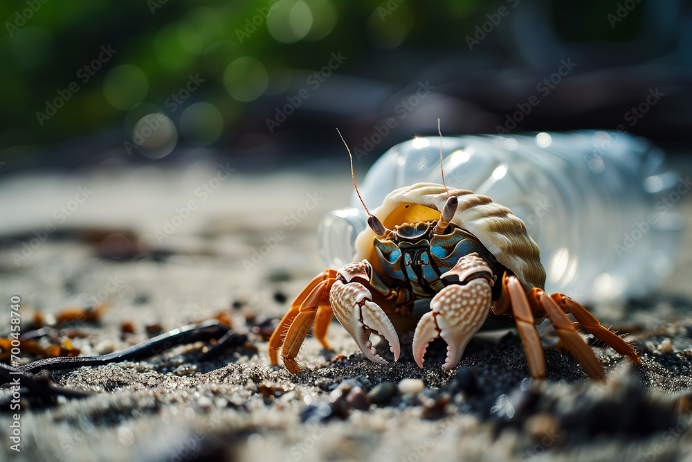 Hermit crab next to a plastic bottle on a beach. Pollution in the oceans. Climate emergency concept