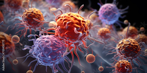 Cancer cell and virus 3d illustration ,Advances in Cancer Research: Cell Proliferation.