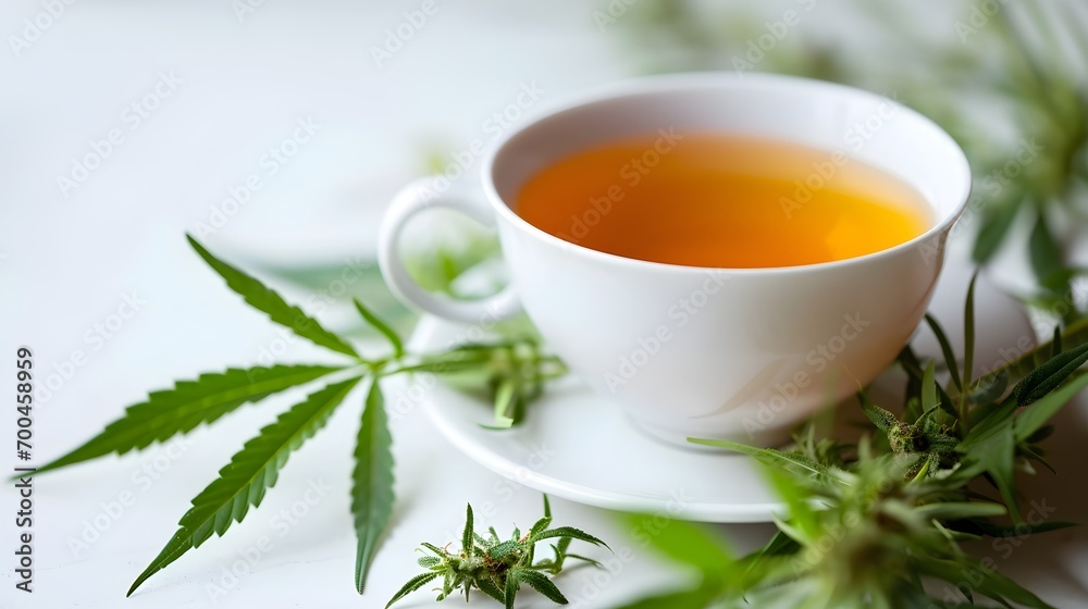 Beruhigender Genuss: Cannabis-Tee dampfend in der Tasse Beruhigender Genuss: Cannabis-Tee dampfend in der Tasse