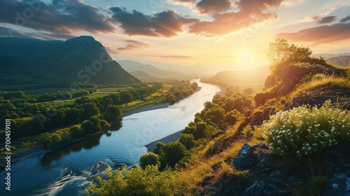 Stunning view of sunrise over mountain and river with green landscape. Generative AI.
