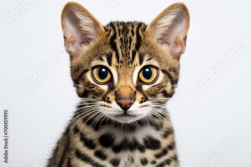 Leopard Cat close-up portrait on a white background.