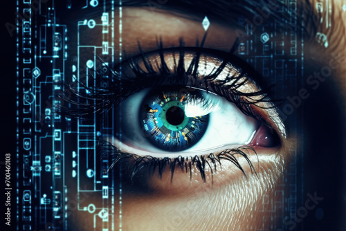 Woman technology vision eye futuristic future identification iris secure digital computer