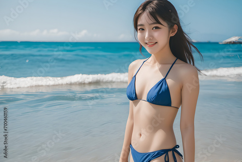 空と海と波をバックに健康的に微笑むビキニ姿の日本人女性