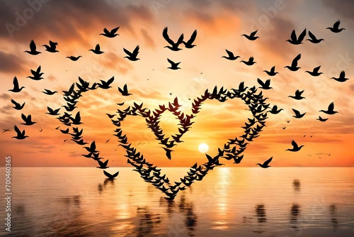 Love and romance concept of a flock of birds flying in a heart formation with a a sunrise or sunset behind them photo