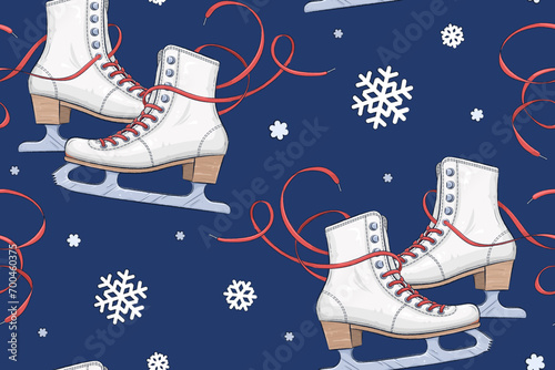 Seamless pattern with hand drawn retro ice skate shoes and snowflakes on blue background. Vintage elegant style. Wallpaper, textile design template. Vector illustration