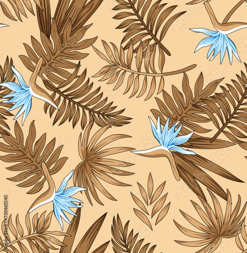 All over white blue vector flowers pattern on brown background