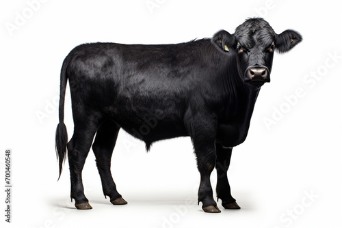 Black Angus cattle standing on a white background. Animal right-side portrait.