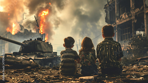 kids sitting in front of city burned destruction