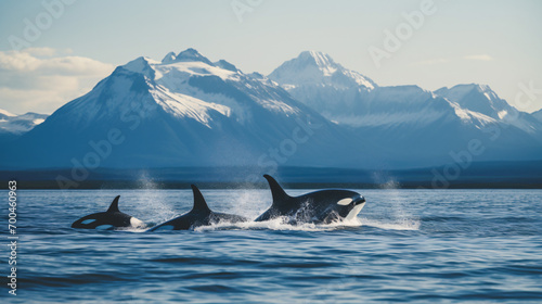 Killer whales swim in the Pacific Ocean with mountain