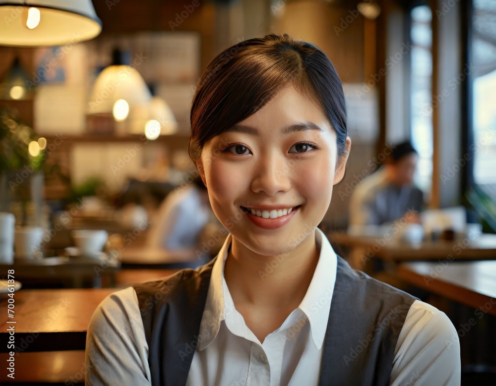 カフェにいる笑顔の女性 カフェにいる笑顔の女性