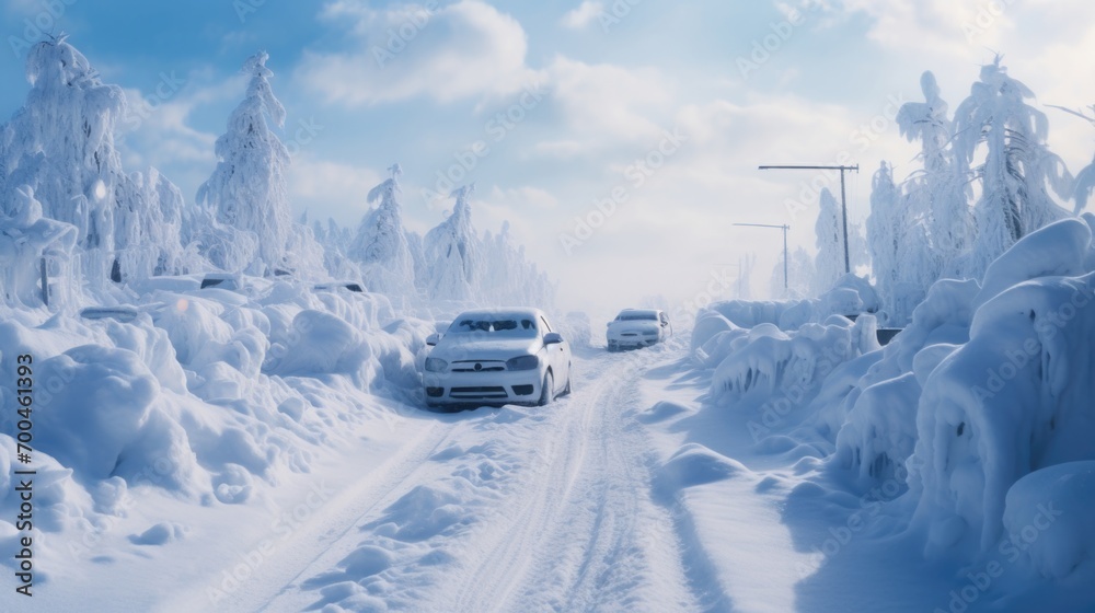 A road full of snow covered cars A road full of snow covered cars