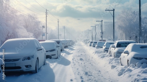 A road full of snow covered cars