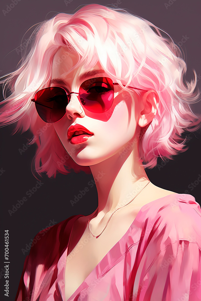 Stylish blonde with short hair and sunglasses. Pink aesthetics. Generative AI Stylish blonde with short hair and sunglasses. Pink aesthetics. Generative AI