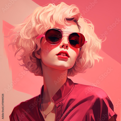 Stylish blonde with short hair and sunglasses. Pink aesthetics. Generative AI